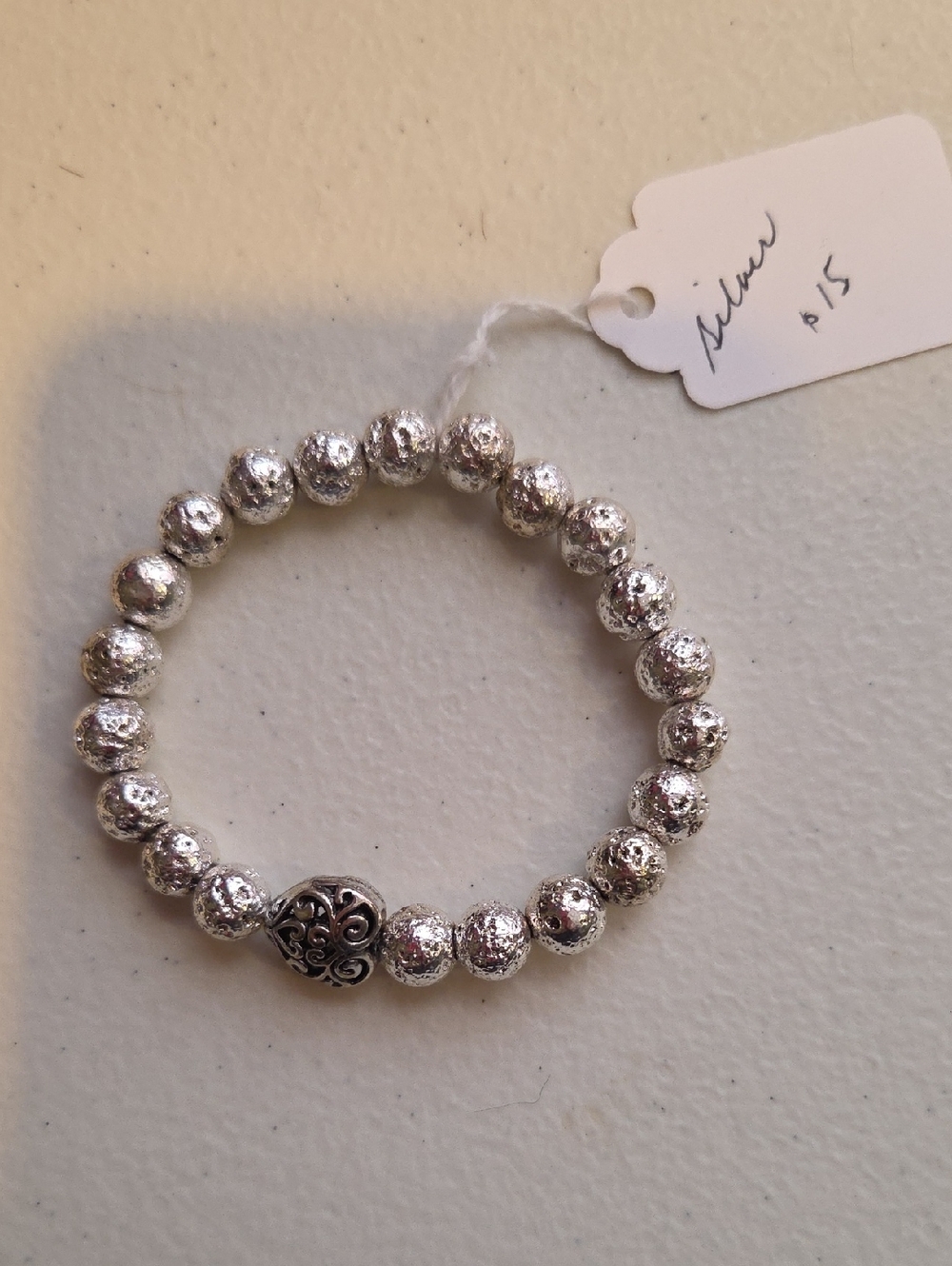 Silver Beaded Stretch Bracelet with Filigree Accent